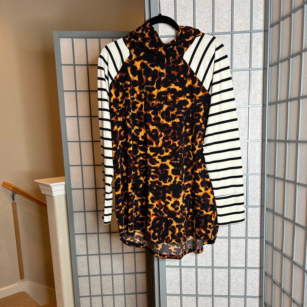 LuLaRoe Leopard Print Hoodie with Striped Sleeves